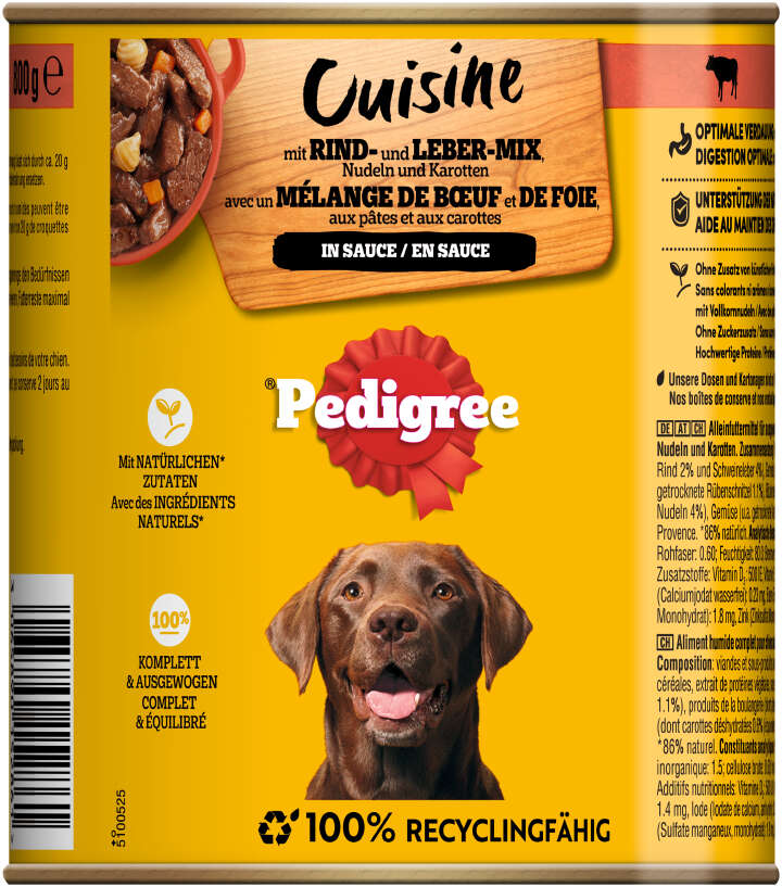 Pedigree Hunde-Nassfutter Cuisine mit Rind- und Leber-Mix, Nudeln und Karotten in Sauce